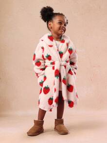 SUMWON Girls Fluffy Strawberry Print Dressing Gown With Hood And Belt Cozy Bathrobe For Kids Sleep Wear Winter Comfort For Casual And Vacation - Apricot - View 5