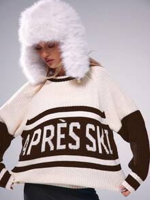Musera Sport Thick Knit Oversized Slogan Jumper, Y2K 90's Casual Cute Active Ski Club Snow Comfy Airport Holiday Fall Autumn Winter Everyday Office   Chic Sweater - Brown - View 4