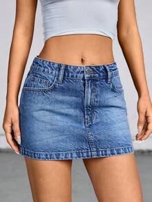EURMUSE Falda vaquera casual de tiro bajo y minifalda, de moda para el verano - Azul lavado oscuro - Ver 6