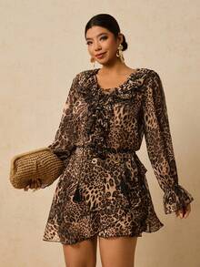 Travachic Plus Size Women Leopard Print Wrap Tie Waist Skirt, Ruffle Hem Chiffon Mini Skirt Cheetah Print - Multicolor - View 2