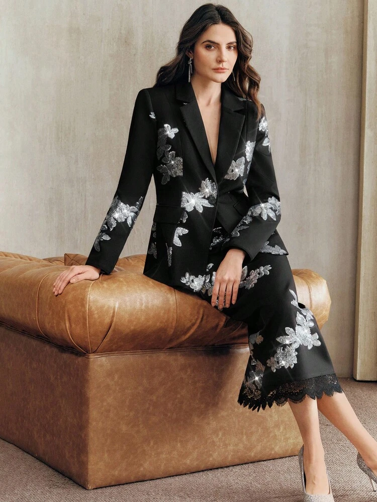 Ensemble blazer et jupe élégant à manches longues, ajusté, avec fleurs brodées et sequins pour femmes. Convient pour les occasions formelles, les fêtes, le travail, la remise des diplômes, les mariages. Robe rouge.