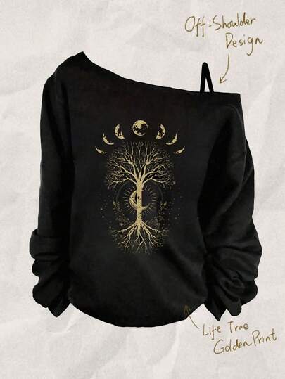 Tseoso Mandala Star, Moon, Tree Retro Pattern Tarot Mysticism Beach Boho Women's Casual Black Drop Shoulder Asymmetrical Long Sleeve T-Shirt, Vintage Style Suitable For Teachers, Fall Women Clothing, School Outfits, Chic Autumn Wear Off The Shoulder Sweatshirt Off The Shoulder Long Sleeve Top Boho Top Black Off The Shoulder Top,Black Tops