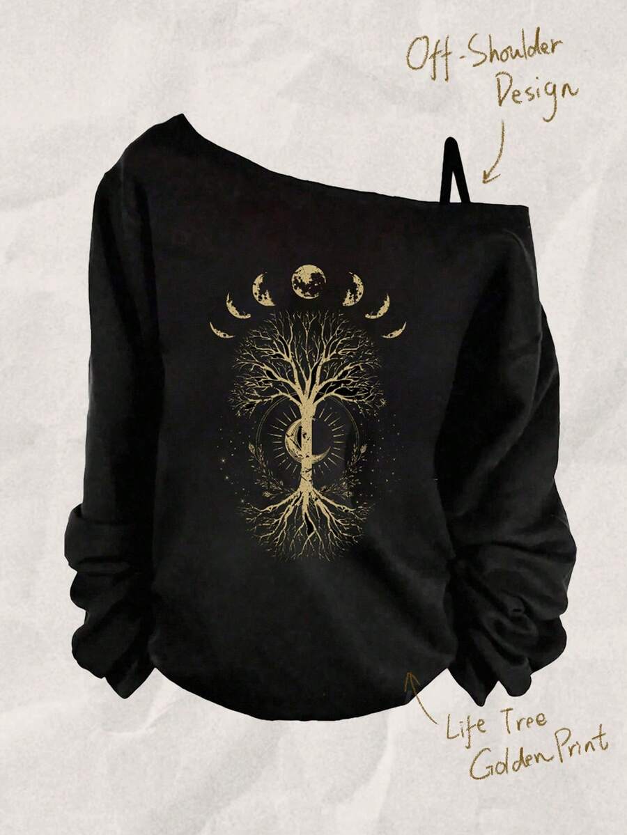 Tseoso Mandala Star, Moon, Tree Retro Pattern Tarot Mysticism Beach Boho Women's Casual Black Drop Shoulder Asymmetrical Long Sleeve T-Shirt, Vintage Style Suitable For Teachers, Fall Women Clothing, School Outfits, Chic Autumn Wear Off The Shoulder Sweatshirt Off The Shoulder Long Sleeve Top Boho Top Black Off The Shoulder Top,Black Tops - Black - View 1