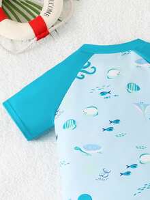 1pc Cute Underwater Animal Print Baby/Toddler Boys' Swimsuit Set,Aqua Blue Stretchy Knit Rash Guard For Summer Vacation Holiday Beach,Short Sleeve - Multicolor - View 6