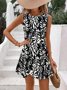 Breezaya 度假风全身印花无袖圆领连衣裙 女士度假沙滩装