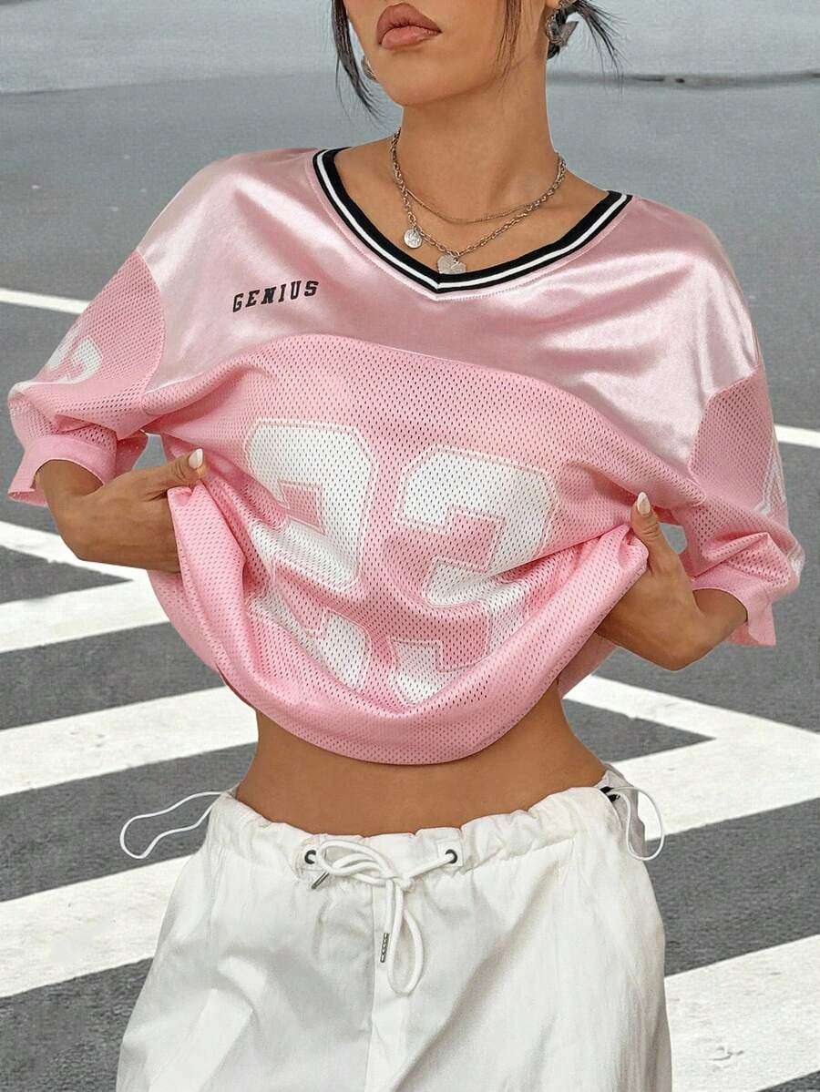 SHEIN EZwear 粉色女士运动球衣数字印花 T 恤