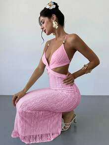 Firerie 女士白色提花串珠系带露背修身开衩连衣裙，性感度假连衣裙，春夏服装，沙滩装，通勤装，优雅，性感，度假，海滩，波西米亚风，夏威夷，音乐节，浪漫，约会装 - 粉色 - 查看 6