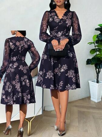 SHEIN Lady Women's V-Neck Shell Trim Long Sleeve Mesh Patchwork Ruffle Waist Elegant Mid-Length Dress,Dresses For Women Casual