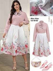 Ellevyn Multicolor Plus Size Woven Fabric Tie Neck Blouse And Plants Pattern Skirt Outfit - Multicolor - View 8