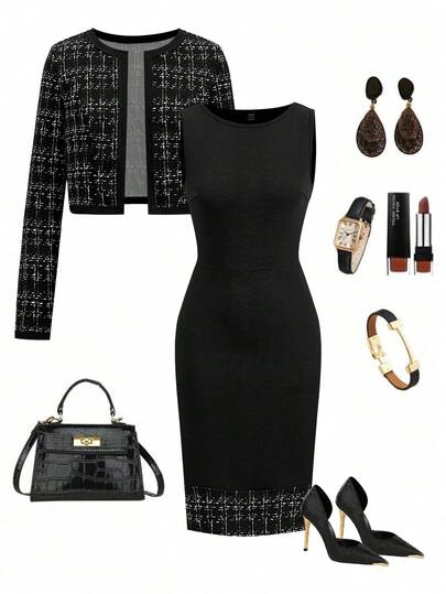 Ellevyn Women's Autumn/Winter New Clothing Women's Houndstooth Jacket And Dress 2 Pieces Set, Suitable For Commuting And Outings In Winter  Black Plaid Color-Blocked Coat And Dress Two-Piece Set, Knitted Stretch Versatile Basic Commuting Elegant Two-Piece Set  Plaid  Black Plaid Color-Blocked Coat And Dress Two-Piece Set - Classic, Versatile, Stretchy, Elegant, And Perfect For Commuting.