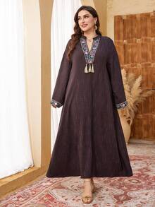 Al Najma Gaun Linen Longgar Elegan dan Nyaman untuk Wanita Ukuran Plus, Cocok untuk Musim Semi dan Musim Gugur - Coffee Brown - View 4
