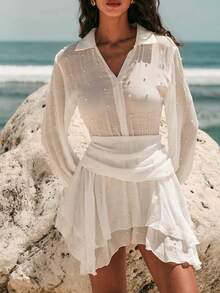 Swim Chiccia Frühling/Sommer Elegant Herbst Neu 1 Stück Gewebtes Weißes Perlen-Dekor Langarm Asymmetrischer Rüschensaum Resort-Stil Damen Badekleid - Weiss - Übersicht 7