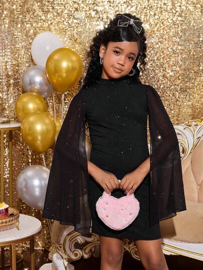 Tween Girls Shiny Knit Snug Fit Dress, Elegant For Party, Ceremony, And Evening Gala