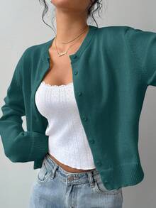 SHEIN BASICS 女士休闲纯色圆领长袖宽松短款黑色开衫，秋冬季校园上衣 - 墨綠色 - 查看 6