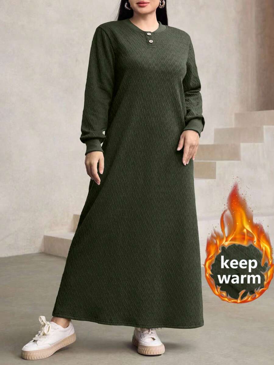 Modelyn Women's Casual Loose Textured Fabric Round Neck Long Dress, Navy Blue, Autumn/Winter - Army Green - View 1
