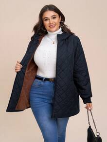 SHEIN LUNE Plus Size Quilted Cotton Padded Hooded Jacket, Casual & Warm For Autumn/Winter - Royal Blue - View 4