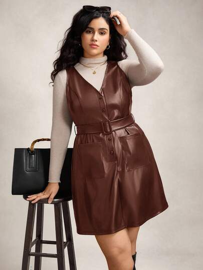 Zelara Plus Size Women Solid Color PU Leather Sleeveless Single-Breasted Fashionable Versatile Belted Dress