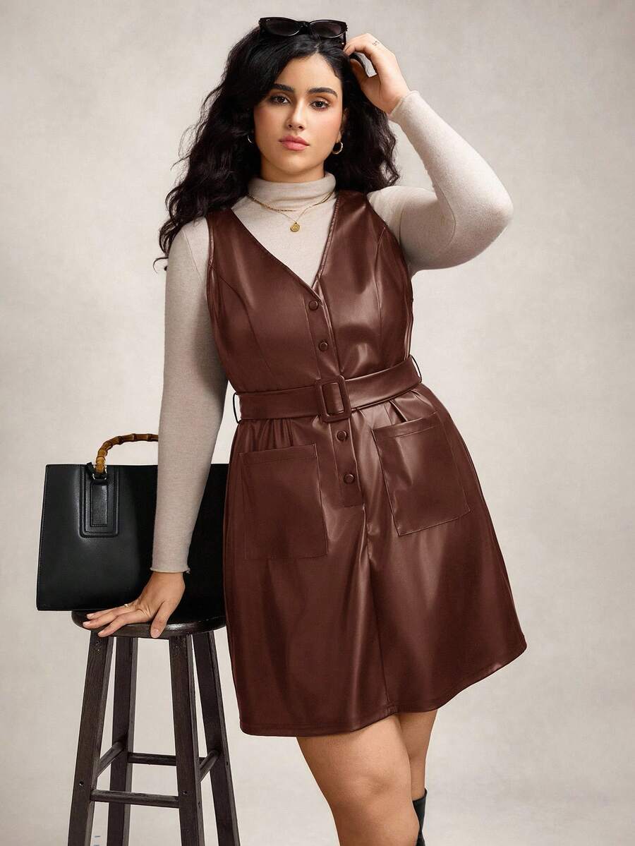 Zelara Plus Size Women Solid Color PU Leather Sleeveless Single-Breasted Fashionable Versatile Belted Dress