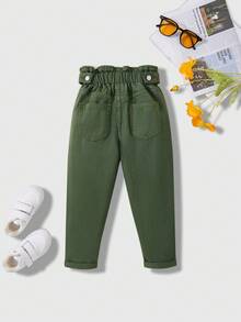Girls' Casual Floral Waist Denim Jeans, Fashion & Versatile - Army Green - View 2