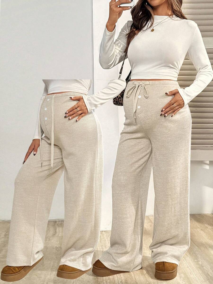 SHEIN Maternity Casual Drawstring Waist Loose Pants, Autumn - Apricot - View 1