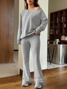 SHEIN EZwear 女士春夏基础款针织纯色灰色宽松露肩不对称领长袖卫衣和喇叭裤运动套装，两件套