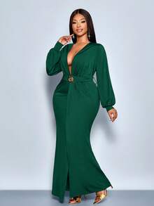 SOLERSUN Plus Size Fall And Spring New Style Glossy High Elastic Fabric Solid Color Green Deep V Neck Pleated Slit Design Metal Buckle Bow Tie Curve Long Sleeve Mid-Length Dress Suitable For Dating Dinner Cocktail Party Wedding Guests Graduation Party Music Festival Carnival Christmas Halloween Thanksgiving Sexy Elegant Simple Fashion Women's Clothing