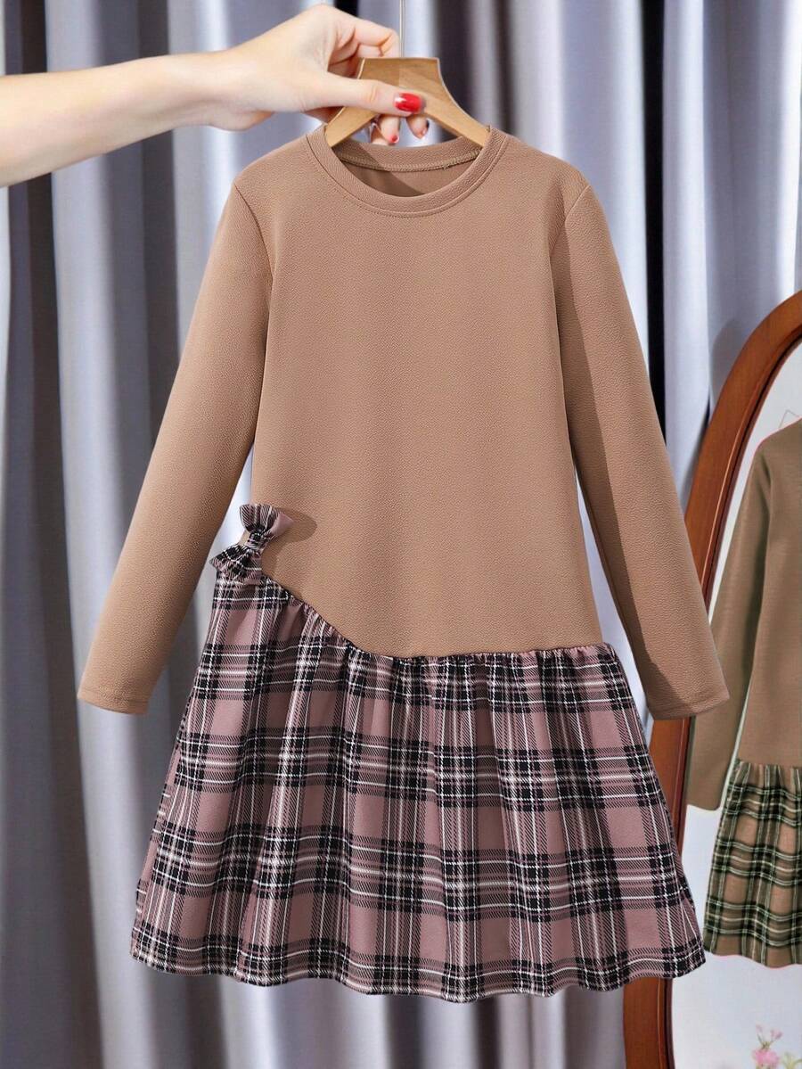 Girls' Digital Print Plaid Patchwork Bow Long Sleeve Dress, Suitable For Holidays, Outings, School, And Street Wear - Khaki - View 1