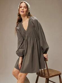 WESTFADE 100% Cotton Smocked V Neck Long Sleeve A Line Mini Dress Winter, Boho, Western Wear, Holiday, Christmas, NYE, New Year, Nashville Cowgirl, Casual, Cute - Olive Green - View 3