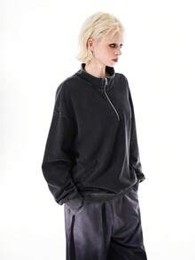 Bloopia Women's Vintage High Neck Zip-Up Sweatshirt, Autumn/Winter - Dark Grey - View 4