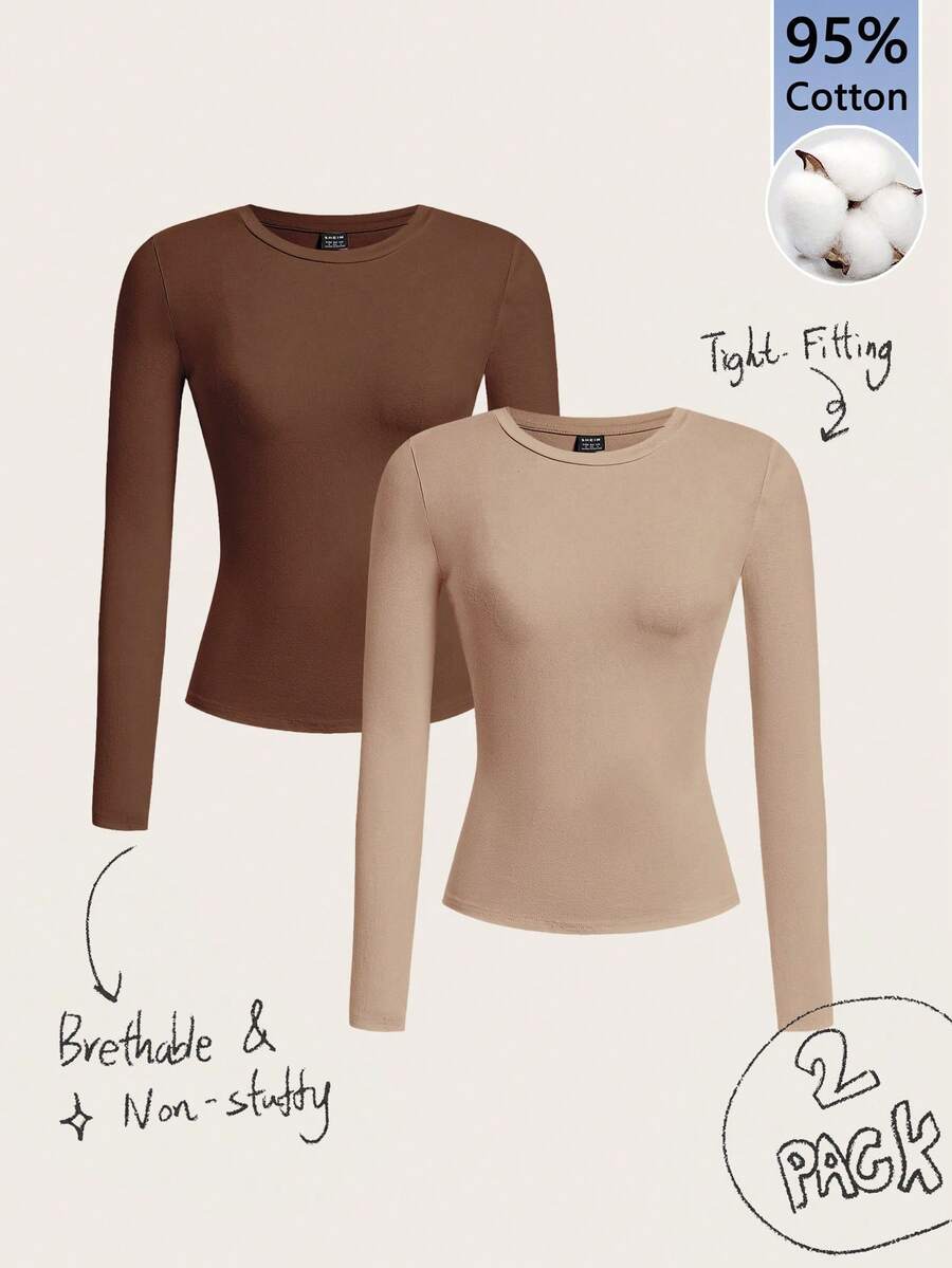 Tseoso 2pcs Women's Brown Khaki 95% Cotton Crew Neck Casual Fitted Long Sleeve T-Shirt Set, Suitable For Autumn/Winter - Multicolor - View 1