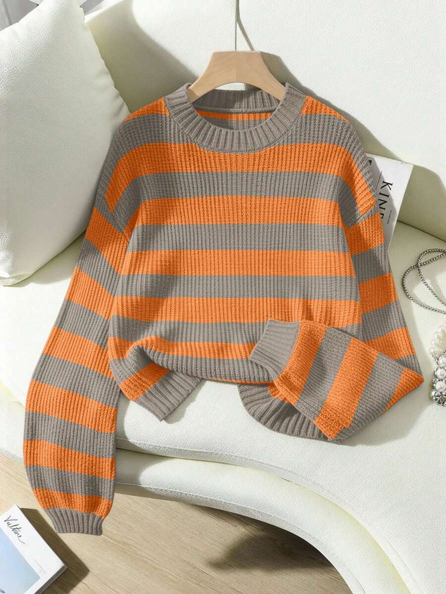 SHEIN LUNE 女士休闲宽松落肩长袖条纹套头毛衣,秋冬款 - 彩色 - 查看 1