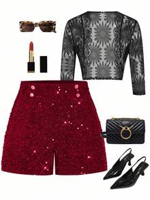 Ellevyn Women Burgundy Sequin Mini Shorts With Zipper Detail Woven Fabric Party Style - Burgundy - View 12