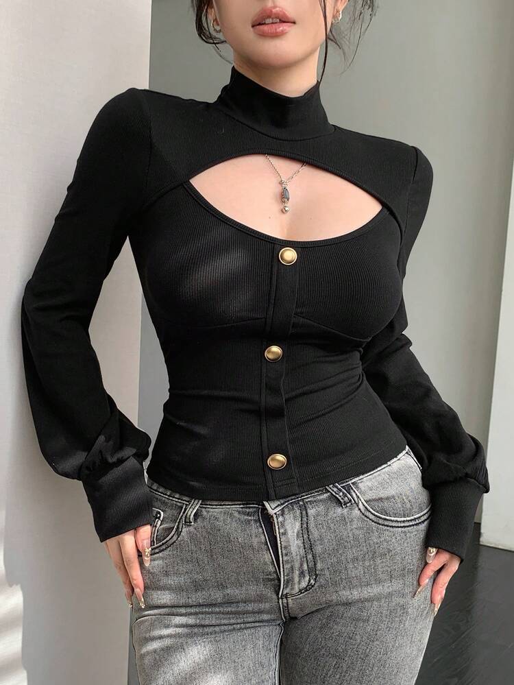Hollow Out Stand Collar Metal Buckle Decor Fitted Elegant Black Long Sleeve T-Shirt For Women, Suitable For Valentine's Day, New Year, Christmas, Wedding & Party Y2k