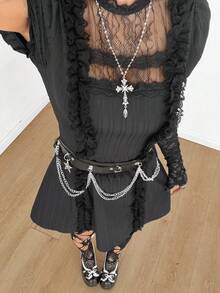 Coolane Dam höst/vinter all-säsong Y2K goth chic rave outfit spets stretchig bekväm rave outfit hög hals puffärm svart kort klänning - Svart - Visa 6