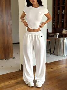 SHEIN EZwear 2件套女士刺绣针织家居服，夏季白色 - 白色 - 查看 5