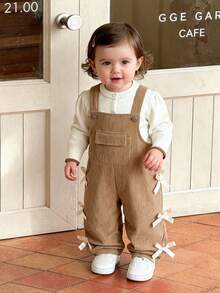 Baby Girls' Casual Style Denim Bib Pants, Khaki Color With Bow Decor, Loose Straight Leg, Soft & Comfortable Fabric, Versatile For Everyday Wear, Suitable For Spring, Summer, Autumn And Winter - Khaki - View 10