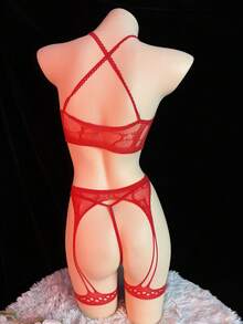 SHEIN 3 件套女士透视交叉镂空性感网眼内衣套装，红色胸罩和内裤内衣套装，外出 - 紅色 - 查看 2