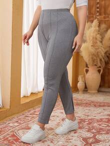 Modelyn 大码女士优雅修身纹理针织打底裤，休闲百搭秋冬款 - 灰色 - 查看 1