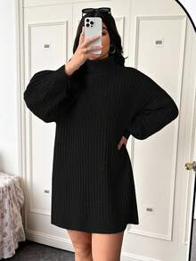 CovetEZ 大码宽松高领蝙蝠袖粗针织毛衣连衣裙，秋冬