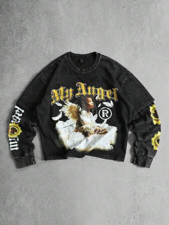 Camiseta de manga larga con estampado lavado 2 en 1 para hombre