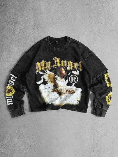 Maglietta a maniche lunghe da uomo 2 in 1 con stampa lavata