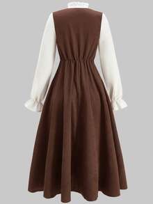 Elegant Vintage Inspired Long Sleeve Midi Dress, Woven 2 In 1 Vest Collar Shirt Dress For Teens, Suitable For Commuting, Gatherings, Casual Wear