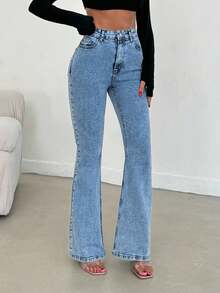 EURMUSE 98% CottonHigh Waist Snow Wash Flare Jean - Medium Wash - View 10