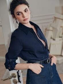 Anewsta Women's Elegant Commuter Casual Soft & Comfortable Vintage Blue Long Sleeve Shirt - Royal Blue - View 2