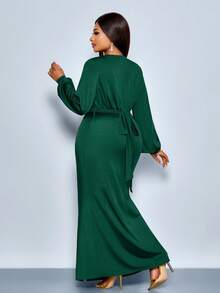SOLERSUN Plus Size Fall And Spring New Style Glossy High Elastic Fabric Solid Color Green Deep V Neck Pleated Slit Design Metal Buckle Bow Tie Curve Long Sleeve Mid-Length Dress Suitable For Dating Dinner Cocktail Party Wedding Guests Graduation Party Music Festival Carnival Christmas Halloween Thanksgiving Sexy Elegant Simple Fashion Women's Clothing
