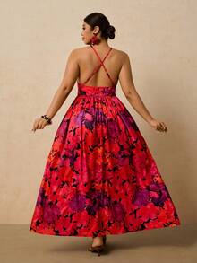 Travachic Vestido de verano de talla grande con cuello en V profundo, sin mangas y estampado floral y de plantas en estilo bohemio - Rojo - Ver 4