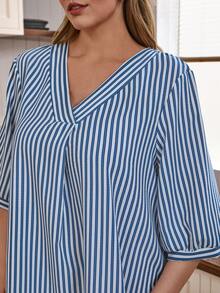 SHEIN Doze Lane Plus Size Women Casual V-Neck Blue & White Striped Print Loose Long Nightgown Home Dress For Women Duster Pambahay For Nanay Women Pajama Dress Sleep Wear Women Dress