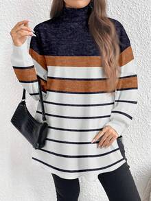 EMERY ROSE Striped Textured Print Casual Minimalist Plus Size Turtleneck Long T-Shirt, Spring/Autumn - Multicolor - View 4