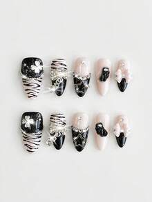 ROMWE Anime 10pcs Cute Wings, Rose, Bow, Music Note, Star Element High Quality Handmade False Nails + 3pcs Double-Sided Adhesive, Y2K Style Rhinestone Pink Polka Dot White Lace Removable Manicure Stickers, Suitable For Holidays, Parties, Dancing And Daily Wear - Multicolor - View 1