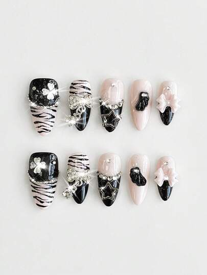 Anime 10 pezzi di unghie finte di alta qualità con elementi decorativi come ali, rose, fiocchi, note musicali e stelle, stile Y2K con strass, pois rosa, pizzo bianco rimovibile, adatti per vacanze, feste, ballo e uso quotidiano + 3 pezzi di adesivo biadesivo